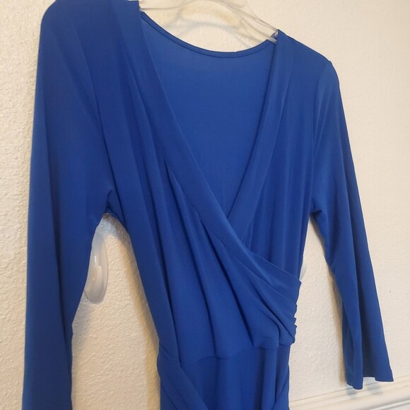Janette Fashion Fake Wrap Blue Faux Wrap Jersey Knit Maxi Dress 3/4 Sleeve Med - Picture 7 of 16